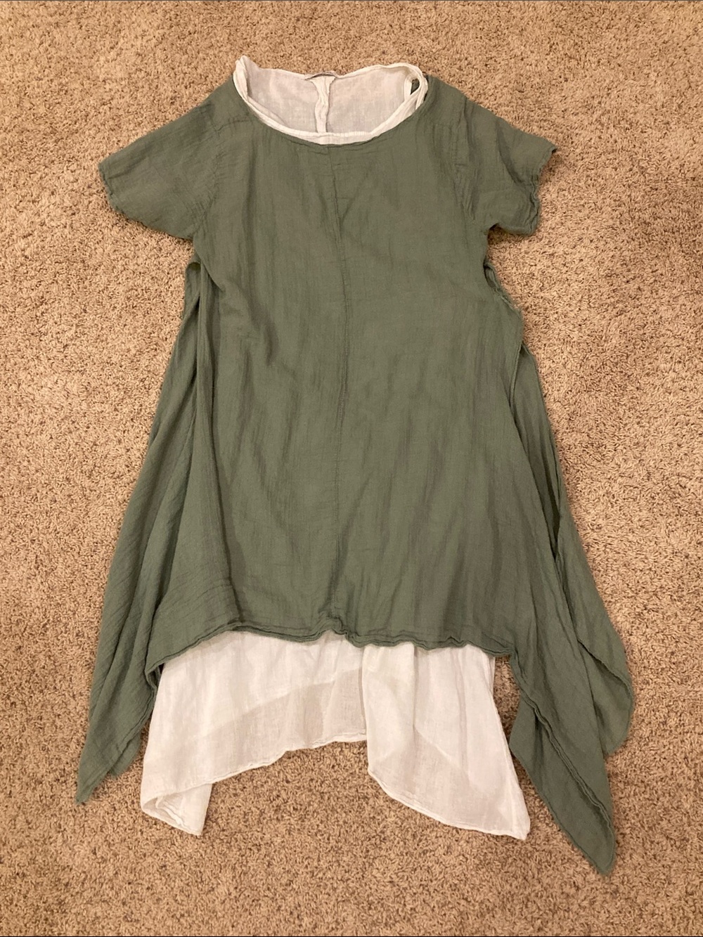 Sage Green Layered Short-Sleeve Tunic with White Underlayer